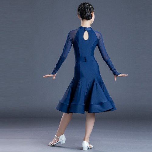 Royal blue navy black long sleeves latin ballroom dance dresses for girls long sleeves competition modern dance latin ballroom dance costumes for children 